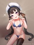  1girl ahoge bikini black_hair black_thighhighs blue_bikini blue_eyes blush double_v hat highres kaiboukan_no._22_(kancolle) kantai_collection long_hair looking_at_viewer open_mouth sailor_hat single_thighhigh smile solo swimsuit thighhighs twintails twitter_username unidentified_nk v white_headwear 