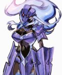  1girl armor black_skin blue_hair breasts ceruledge colored_skin cowboy_shot helmet large_breasts long_hair navel pokemon pokemon_(creature) simple_background solo usa37107692 weapon white_background 
