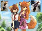  2023 absurd_res anthro asian_clothing breasts canid canine canis clothed clothed_feral clothing digital_media_(artwork) domestic_dog dress duo east_asian_clothing female female/female female_anthro feral fox fur hair hand_holding hi_res japanese_clothing japanese_school_uniform kemono long_hair mammal multicolored_body multicolored_fur photo real school_uniform shiba_inu short_hair small_breasts spitz tinygaypirate uniform 