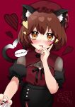  1girl :3 absurdres alternate_costume animal_ear_fluff animal_ear_piercing animal_ears black_skirt blush breasts brown_eyes brown_hair cat_ears cat_tail chen commentary_request cowboy_shot double-parted_bangs earrings fang fingernails gradient_background hand_on_own_cheek hand_on_own_face hand_up hat heart heart-shaped_pupils heart_tail highres index_finger_raised jewelry jirai_kei looking_at_viewer mob_cap multiple_tails nail_polish nekomata pink_background pov prk_prsk puffy_short_sleeves puffy_sleeves red_headwear see-through sharp_fingernails shirt_tug short_hair short_sleeves simple_background single_earring skirt small_breasts solo_focus symbol-shaped_pupils tail touhou two_tails 