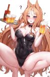  1girl ? @_@ absurdres alcohol alternate_costume animal_ears archetto_(arknights) arknights ass_visible_through_thighs bare_arms bare_legs bare_shoulders barefoot beer beer_mug black_leotard blonde_hair blue_eyes blush bow bowtie breasts cleavage covered_navel cup detached_collar hands_up heterochromia highleg highleg_leotard highres holding large_breasts leotard lilac_(k32420276) long_hair looking_at_viewer mug nontraditional_playboy_bunny open_mouth red_eyes simple_background solo squatting strapless strapless_leotard thighs tray very_long_hair white_background 