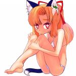 1girl animal_ear_fluff animal_ears bare_arms bare_legs bare_shoulders barefoot bikini blonde_hair blue_tail breasts bright_pupils cat_ears cat_girl cat_tail cleavage closed_mouth cross-shaped_pupils fingernails flower furrowed_brow futaba_channel hair_intakes hair_ornament hair_ribbon hand_on_own_knee hand_on_own_leg highres long_hair looking_at_viewer multicolored_tail nijiura_maids pink_flower ponytail radish red_eyes red_ribbon ribbon simple_background sitting small_breasts solo swimsuit symbol-shaped_pupils tail tensai_(nijiura_maids) tsukiyono_aroe turnip white_background white_bikini white_flower white_pupils white_tail 