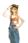  armpits blue_eyes bracelet breasts dino_(dinoartforame) eyepatch halterneck hat highres jewelry neon_genesis_evangelion orange_hair overalls small_breasts souryuu_asuka_langley white_background 