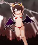  1girl alternate_costume arms_up bikini blush breasts closed_mouth demon_horns demon_tail demon_wings fake_horns gold_hairband hairband holding holding_pitchfork horns jijou_wo_shiranai_tenkousei_ga_guigui_kuru. kaos long_bangs looking_at_viewer low_wings medium_hair navel nishimura_akane one_eye_covered pitchfork red_bikini small_breasts smile solo swimsuit tail white_eyes wings 