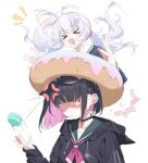  &gt;_&lt; 2girls 2t_(vmyz7342) animal_ears black_hoodie blue_archive cat_ears choker doughnut food hair_ornament hood hoodie kazusa_(blue_archive) macaron multicolored_hair multiple_girls neckerchief pink_neckerchief reisa_(blue_archive) sailor_collar short_hair star_(symbol) star_hair_ornament streaked_hair white_sailor_collar 