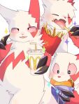  2023 3:4 anthro beverage biped blush burger claws digital_media_(artwork) eating eating_food eyes_closed food fries generation_3_pokemon hi_res male mame02550912 mcdonald&#039;s nintendo nude pokemon pokemon_(species) simple_background smile soda solo zangoose 