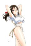  arms_behind_head arms_up blue_eyes breasts brown_hair cleavage fundoshi girls_und_panzer highres hiyama_yuu_(wee259hiyama) japanese_clothes large_breasts midriff nonna_(girls_und_panzer) shirt thighs tied_shirt white_background yamakasa 