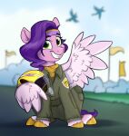  2023 clothing digital_media_(artwork) dog_tags equid equine feathered_wings feathers female feral flag fur gesture green_eyes grin hair hasbro hi_res hooves looking_at_viewer mammal mlp_g5 my_little_pony pegasus pink_body pink_feathers pink_fur pipp_petals_(mlp) purple_hair purple_tail rutkotka sitting smile solo tail waving wavy_hair wings yellow_hooves 