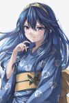  1girl blue_eyes blue_hair blue_kimono butterfly_ornament fire_emblem fire_emblem_awakening japanese_clothes kimono long_hair lucina_(fire_emblem) obi sash simple_background solo ten_(tenchan_man) tiara white_background yukata 