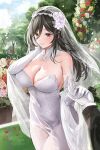  1girl 1other absurdres bare_shoulders black_hair breasts bridal_veil brown_eyes cleavage closed_mouth covered_navel detached_collar dress elbow_gloves flower gloves hand_on_own_face highres holding_hands lace-trimmed_gloves lace_trim large_breasts lillly long_hair looking_at_viewer original outdoors rose see-through shawl solo_focus veil wedding wedding_dress white_dress white_gloves white_shawl 