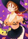  1girl apron black_apron bra braid breasts brown_eyes brown_hair candy cleavage collarbone commentary_request dated food glasses hair_between_eyes hair_ornament halloween hanekawa_tsubasa hat holding holding_candy holding_food huumoon kizumonogatari large_breasts long_hair looking_at_viewer midriff monogatari_(series) navel open_mouth orange_bra orange_panties panties smile solo star_(symbol) star_hair_ornament underwear waist_apron witch_hat 