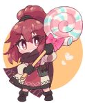  1girl anna_(fire_emblem) blush candy chibi dress fire_emblem fire_emblem_engage food full_body grin holding holding_candy holding_food holding_lollipop lollipop long_hair ponytail red_eyes red_hair scarf smile solo tamatamariso85 