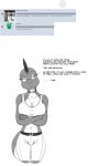  2018 anthro arm_under_breasts belt big_breasts bottomwear breasts bulge choker clothing dark_june_(justathereptile) dialogue digital_media_(artwork) english_text eyeshadow grey_body grey_scales grey_skin greyscale gynomorph herm_(lore) hi_res intersex jewelry justathereptile komodo_dragon lizard looking_away makeup monitor_lizard monochrome narrowed_eyes navel necklace non-mammal_breasts questions_and_answers reptile scales scalie scutes shirt shorts simple_background smile smirk smug solo tail tank_top text topwear watermark 