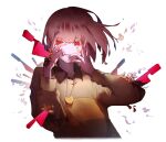  1other black_shirt blush_stickers brown_hair chara_(undertale) collared_shirt flower green_sweater heart heart_necklace highres jewelry knife long_sleeves looking_at_viewer necklace parted_lips red_eyes shirt short_hair sidelocks smile solo stab striped striped_sweater sweater tears undertale upper_body utdtr_915 yellow_flower 