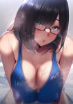  1girl andou_you black_hair breasts breasts_squeezed_together bright_pupils cleavage competition_swimsuit covered_nipples glasses green_eyes hexagon_print large_breasts one-piece_swimsuit open_mouth original semi-rimless_eyewear short_hair solo steaming_body swimsuit teacher wet wet_clothes wet_swimsuit white_pupils 