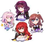 4girls ? absurdres ahoge blue_eyes bow bowtie breasts brown_hair commentary english_commentary hair_between_eyes highres himeko_(honkai:_star_rail) honkai:_star_rail honkai_(series) kafka_(honkai:_star_rail) large_breasts looking_at_viewer march_7th_(honkai:_star_rail) mizah_(mizah) mole mole_on_breast multiple_girls one_eye_closed pink_hair purple_eyes purple_hair red_hair side_ponytail simple_background smile upper_body v watermark white_background yellow_eyes 