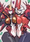  2girls autobot blue_eyes breasts breasts_squeezed_together colored_skin crotch_plate decepticon flamewar flareup grotesquerampag helmet highres humanoid_robot large_breasts mecha_musume multiple_girls narrow_waist pink_eyes robot thick_thighs thighs transformers v 