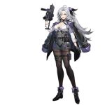  1girl ahoge apc9k_(girls&#039;_frontline) artist_request b&amp;t_apc b&amp;t_apc9 black_pantyhose breasts cleavage flower full_body girls&#039;_frontline gloves grey_hair gun hair_flower hair_ornament highres jacket jacket_on_shoulders long_hair looking_at_viewer official_art pantyhose ponytail smile solo submachine_gun thigh_strap thighband_pantyhose weapon 