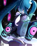  1girl absurdres bare_shoulders black_sleeves black_thighhighs detached_sleeves dwotea ghost_miku_(project_voltage) glitch grey_shirt hair_between_eyes hatsune_miku highres long_hair necktie pokemon project_voltage shirt sleeves_past_fingers sleeves_past_wrists solo thighhighs twintails very_long_hair yellow_eyes 
