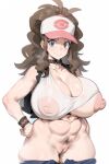  1girl abs ai-generated armpit_hair bare_shoulders baseball_cap blue_eyes bottomless breasts breasts_out brown_hair choker clothes_lift clothes_pull hand_on_own_hip hat hilda_(pokemon) huge_breasts huge_nipples large_areolae large_breasts long_hair looking_at_viewer messy_hair navel nipple_slip nipples no_bra no_panties open_clothes plump pokemon pokemon_(game) pokemon_bw ponytail pubic_hair pussy shirt_lift short_shorts shorts shorts_pull sidelocks sleeveless sleeveless_jacket smile steaming_body sweat sweatdrop thick_thighs thighs wardrobe_malfunction wide_hips wristband 