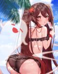  1girl ass bare_shoulders beach bikini black_bikini brown_hair food frilled_bikini frills from_behind genshin_impact ghost highres hu_tao_(genshin_impact) ice_cream ineka_ka looking_at_viewer open_mouth red_eyes star-shaped_pupils star_(symbol) swimsuit symbol-shaped_pupils twintails 