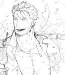  1boy bara beard beard_stubble dagon_(housamo) facial_hair greyscale itaru_(kidomh63) large_pectorals looking_to_the_side male_focus mature_male monochrome muscular muscular_male mustache_stubble pectoral_cleavage pectorals short_hair smirk solo stubble thick_eyebrows tokyo_afterschool_summoners upper_body 