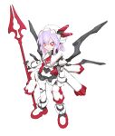 1girl absurdres ascot bright_pupils cheri_zao closed_mouth commentary full_body highres holding holding_polearm holding_weapon joints light_purple_hair looking_at_viewer mechanical_wings medium_hair polearm red_ascot red_eyes remilia_scarlet robot_girl robot_joints simple_background smile solo spear_the_gungnir touhou weapon white_background white_headwear white_pupils wings 
