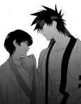  2boys clothes_grab collared_shirt dougi faceoff facing_another frown greyscale hand_up headband height_difference japanese_clothes kimono long_sleeves looking_at_another male_focus midriff_sarashi monochrome multiple_boys okurase open_clothes profile rurouni_kenshin sagara_sanosuke sarashi seta_soujirou shirt short_hair simple_background smile smirk spiked_hair upper_body 