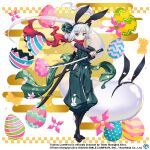  1girl alternate_costume animal_ears animal_print black_hairband bug butterfly closed_mouth clothing_cutout commentary copyright_name easter_egg egasumi egg elbow_gloves english_commentary fingerless_gloves full_body game_cg ghost gloves green_eyes green_kimono green_pants grey_hair hairband holding holding_sword holding_weapon japanese_clothes katana kimono konpaku_youmu konpaku_youmu_(bunny_ninja_spirit) konpaku_youmu_(ghost) looking_at_viewer ninja pants puffy_pants rabbit_ears rabbit_print red_scarf rotte_(1109) scarf short_hair shuriken side_cutout solo standing star_(symbol) star_print sword third-party_source touhou touhou_lost_word weapon 