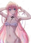  1girl adjusting_hair armband arms_up bikini black_ribbon blue_eyes blush breasts bubble choker closers frilled_bikini frills front-tie_bikini_top front-tie_top hair_between_eyes highres long_bangs long_hair navel neck_ribbon pink_hair pinkmarine ribbon seulbi_lee simple_background small_breasts solo swimsuit very_long_hair white_background white_bikini white_choker white_ribbon wrist_ribbon 