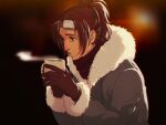  1other aquiline_nose blowing brown_eyes brown_gloves brown_hair brown_scarf coat coffee_mug commentary cup english_commentary gloves hange_zoe hanpetos mug other_focus ponytail scarf shingeki_no_kyojin solo steam upper_body winter_clothes winter_coat 