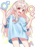  1girl ahoge bare_arms bare_legs barefoot blue_shirt colored_inner_hair commentary grey_hair hair_between_eyes hands_up long_hair looking_at_viewer mars_symbol multicolored_hair myuu_(user_nvsc5288) no_pants off_shoulder onii-chan_wa_oshimai! open_mouth oversized_clothes oversized_shirt oyama_mahiro pink_hair red_eyes shirt simple_background single_bare_shoulder solo tears venus_symbol very_long_hair 