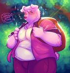  2023 anthro backpack bear belly big_belly blush bottomwear clothing dongoverlord gordi_(unicorn_wars) hi_res male mammal moobs outside overweight overweight_male pants pink_body plant shirt solo topwear tree unicorn_wars 