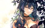  1girl absurdres black_choker blue_hair blurry blurry_foreground breasts brown_eyes choker cleavage closed_mouth collarbone gradient_hair hair_between_eyes highres jewelry large_breasts looking_at_viewer multicolored_hair narijade necklace original solo upper_body 