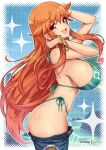  1girl ass bangle bare_shoulders bikini blush bracelet breasts earrings from_side green_bikini jewelry large_breasts long_hair looking_at_viewer nail_polish nami_(one_piece) one_piece open_mouth orange_eyes orange_hair patreon_username pink_nails side-tie_bikini_bottom sideboob smile string_bikini striped striped_bikini swimsuit very_long_hair virus-g wet 