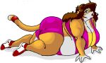  2006 accessory all_fours anthro belly big_belly big_breasts blue_eyes bottomwear breasts brown_hair clothing danellz digital_media_(artwork) exercise_clothing felid female footwear fur furgonomics hair huge_breasts jewelry kathy_(danellz) lion mammal multicolored_body multicolored_fur obese obese_anthro obese_female open_mouth overweight overweight_anthro overweight_female pantherine ring shoes sneakers solo tail tail_accessory tail_jewelry tail_ring thick_thighs topwear two_tone_body two_tone_fur 