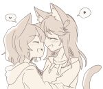  2girls alt_text animal_ears cat_ears cat_tail closed_eyes cuddling flat_color heart highres hood hoodie merryhime multiple_girls muted_color open_mouth original short_hair sketch spoken_heart tail white_background yuri 