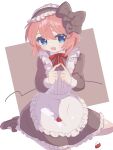  1girl alternate_costume anzen_robo_(474zz) apron artist_name black_bow black_dress black_footwear black_hairband blue_eyes blush bow bowtie brown_background brown_hair buttons collared_dress commentary_request doki_doki_literature_club dress enmaided eyelashes fallen_down food food_on_face frilled_apron frilled_dress frilled_hairband frills fruit hair_between_eyes hair_bow hairband hands_up highres index_finger_raised index_fingers_together kneehighs long_sleeves looking_at_viewer maid maid_apron multiple_hair_bows open_mouth red_bow red_bowtie sayori_(doki_doki_literature_club) shoes short_hair sidelocks simple_background sitting sleeve_cuffs smile socks solo strawberry twitter_username two-tone_background whipped_cream white_apron white_background white_socks wing_collar 