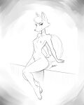  2023 absurd_res animal_crossing anthro audie_(animal_crossing) black_and_white breasts canid canine canis chest_tuft crotch_tuft female full-length_portrait hi_res looking_at_viewer mammal monochrome mrbuttonboi nintendo nipples nude nude_female pinup portrait pose shoulder_tuft sitting sketch small_breasts smile solo tuft wolf 