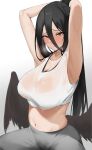  1girl amondo armpits arms_up black_hair black_wings blue_archive blush breasts crop_top hair_between_eyes hasumi_(blue_archive) highres huge_breasts long_hair looking_at_viewer mole mole_under_eye navel pants red_eyes shirt solo sweat very_long_hair wet wet_clothes white_shirt wings yoga_pants 