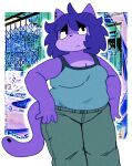 abstract_background anarchoblues anthro belly biped black_nose bottomwear breasts cleavage clothed clothing denim denim_clothing domestic_cat ear_piercing felid feline felis female front_view fur hair jeans julie_(anarchoblues) lidded_eyes love_handles mammal navel_outline overweight overweight_anthro overweight_female pants piercing portrait purple_body purple_fur purple_hair shirt small_breasts solo standing tail tank_top three-quarter_portrait topwear 