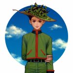  1boy bella_scottland brown_eyes cloud cloudy_sky gon_freecss green_hair green_jacket green_shorts hunter_x_hunter jacket leaf_hat looking_at_viewer male_child male_focus short_hair shorts sky smile solo spiked_hair 