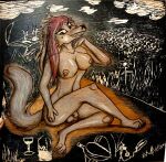  absurd_res anthro canid canine canis domestic_dog handmade herm hi_res intersex mammal nature nature_background okamiarata picnic solo traditional_media_(artwork) xilography 