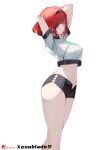  1girl absurdres breasts crop_top highres large_breasts medium_hair midriff minusk9 pyra_(xenoblade) red_hair short_shorts short_sleeves shorts solo stomach white_background xenoblade_chronicles_(series) xenoblade_chronicles_2 