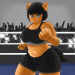  1:1 anthro arisenleaf black_hair blue_eyes bottomwear bra clothing female fighting_ring fluffy_pony fur hair hi_res muscular muscular_female orange_body orange_fur shorts solo sports_bra underwear 