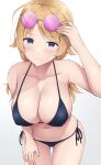  1girl bikini black_bikini blonde_hair blush breasts closed_mouth collarbone cowboy_shot eyewear_on_head glasses hachimiya_meguru hair_ornament hairclip hand_on_own_thigh hand_up highres idolmaster idolmaster_shiny_colors large_breasts leaning_forward long_hair looking_at_viewer mizunashi_kenichi navel round_eyewear side-tie_bikini_bottom simple_background solo standing swimsuit tinted_eyewear white_background 