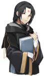  1boy black_hair black_robe book closed_mouth cropped_legs facial_mark fingerless_gloves fire_emblem forehead_mark gloves gold_trim hair_tubes hand_up highres holding holding_book hood hood_down hooded_robe long_hair long_sleeves looking_at_viewer looking_to_the_side low_ponytail male_focus orange_eyes parted_bangs robe seinikuten simple_background solo soren_(fire_emblem) white_background white_gloves wide_sleeves 