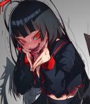  1girl black_hair black_sailor_collar black_serafuku black_skirt black_wings blood blood_on_face blue_archive blush breasts grey_background heart highres large_breasts long_hair long_sleeves looking_at_viewer neckerchief open_mouth red_eyes red_neckerchief sailor_collar saliva school_uniform serafuku sharp_teeth simple_background skirt solo sweat teeth tongue tongue_out torn_clothes trembling tsurugi_(blue_archive) undone_neckerchief very_long_hair waa153 wings 