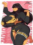  anthro big_breasts black_hair breasts canid canine cleavage clothed clothing female hair hi_res huge_breasts jwinkz legwear lingerie mammal skimp solo thick_thighs thigh_highs 