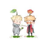  2boys barefoot blonde_hair blue_eyes boots brothers chibi closed_mouth coat commentary earrings flower flower_on_head frown full_body glasses grass grey_robe hari1000bom hood hood_down jewelry leaf light_smile long_sleeves looking_at_viewer male_focus millions_knives mole mole_under_eye multiple_boys orange-tinted_eyewear pants parody_request petals plant_on_head prosthesis prosthetic_arm red_coat red_flower robe siblings simple_background standing symbol-only_commentary tinted_eyewear trigun trigun_stampede twins undercut vash_the_stampede white_background 